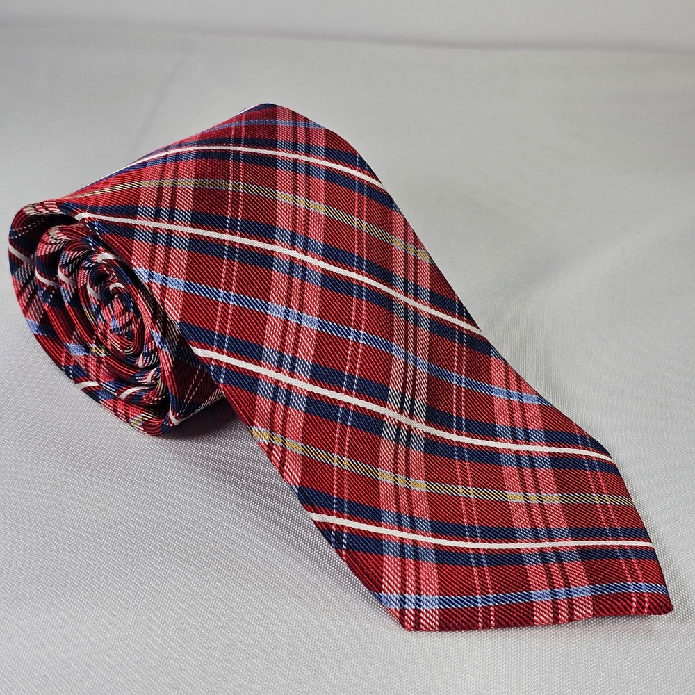 Bruno Piattelli Roma Silk Tie Red Blue White Plaid Hand Made Necktie 3.25 Inch
